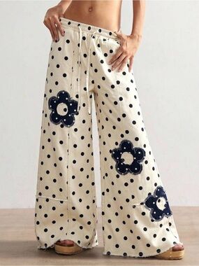Floral patchwork pants Polka Dot Wide-Leg Pants with Navy Floral Appliqué